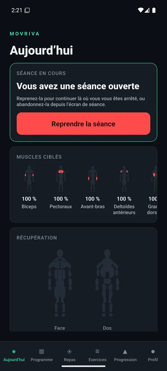 L’écran du jour dans Movriva : la séance en cours et les muscles ciblés