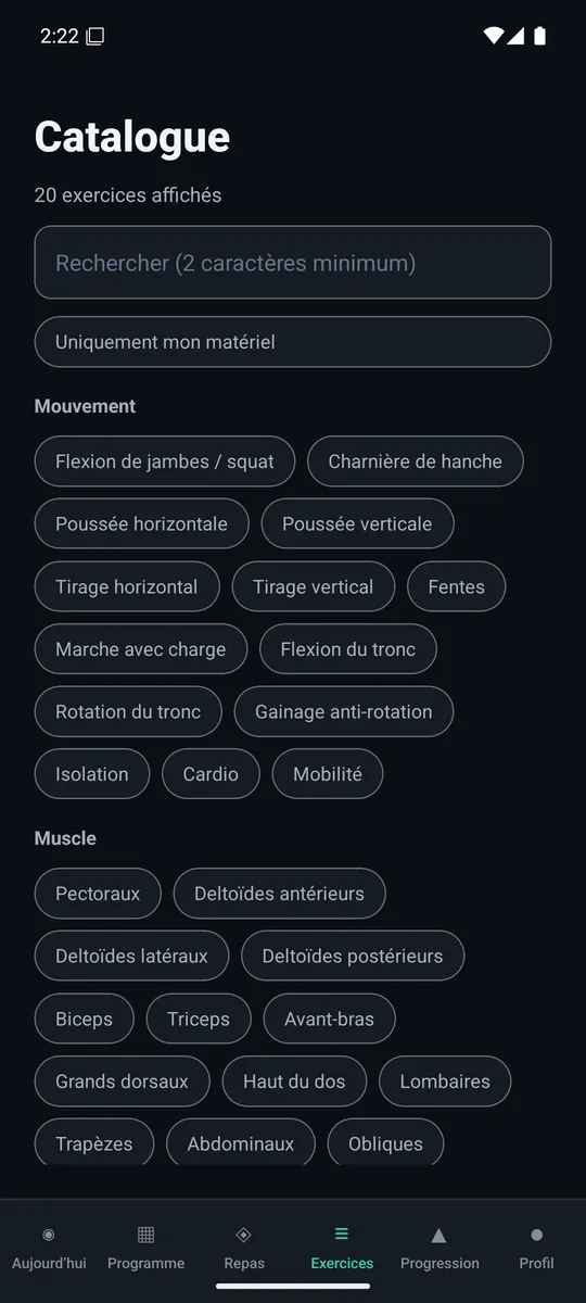 Le catalogue d’exercices et ses filtres
